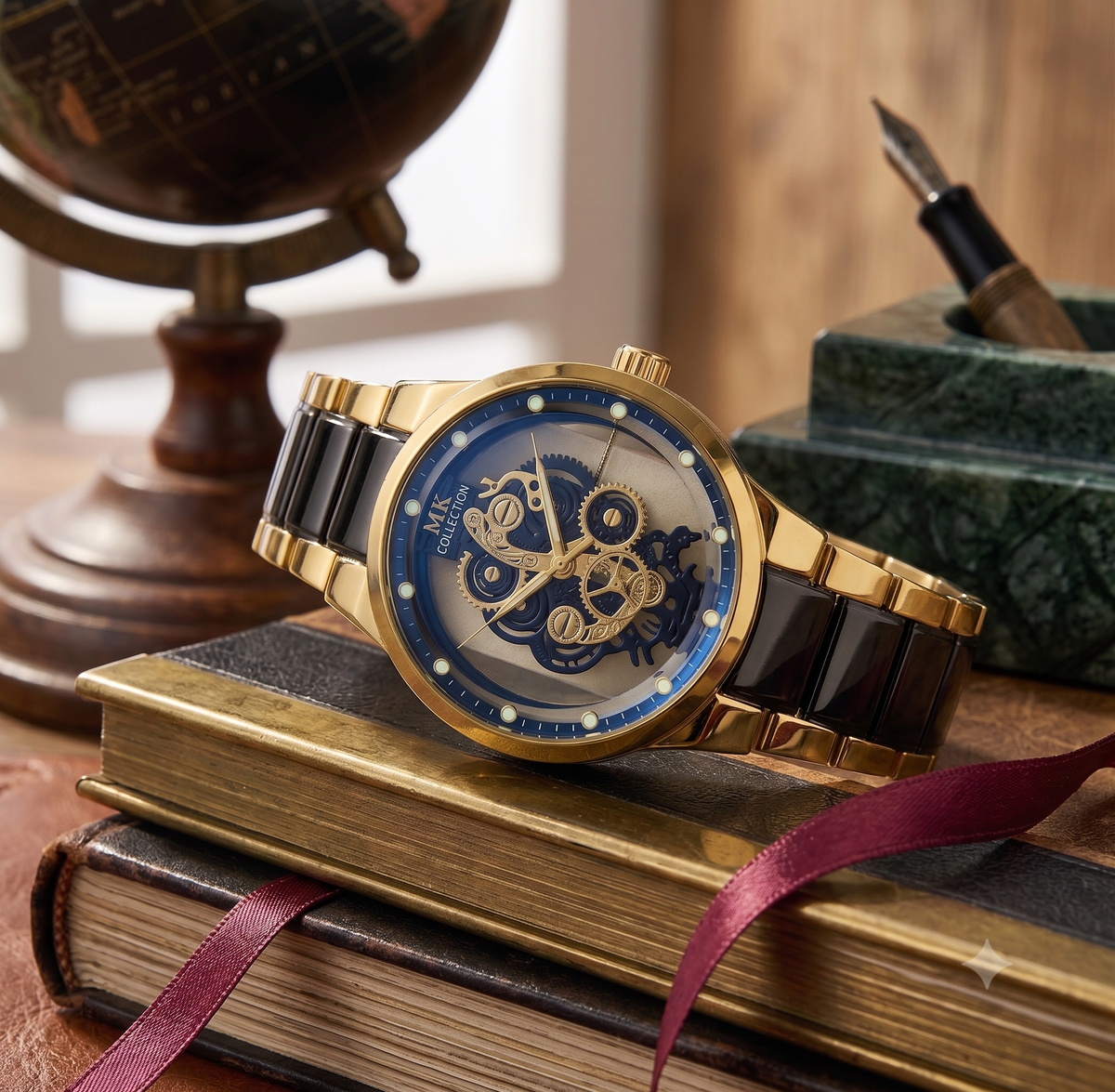 MK Collection Two-Tone Gold & Black Skeleton Dial Men's Fashion Watch