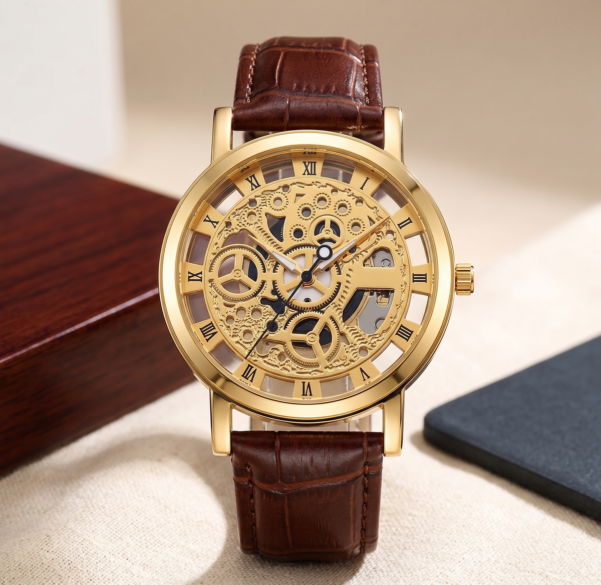 The Heritage Skeleton – Premium Gold & Brown Leather Men’s Timepiece